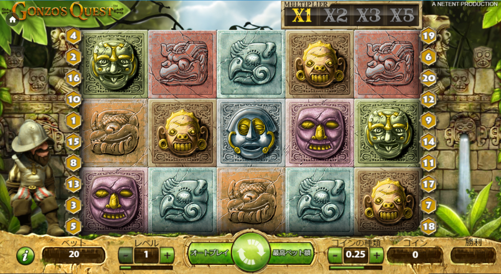 Gonzo’s Quest Megaways(ゴンゾークエストメガウェイズ)のプレイ画面