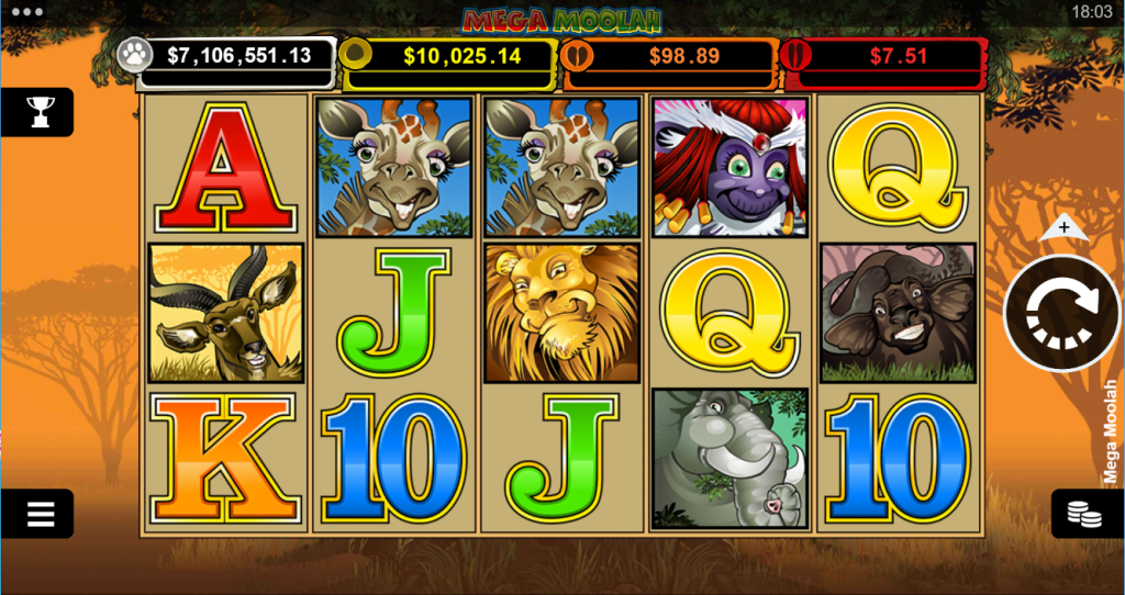 Mega Moolah(メガムーラ)のプレイ画面。メガムーラには無料のデモ版はない。